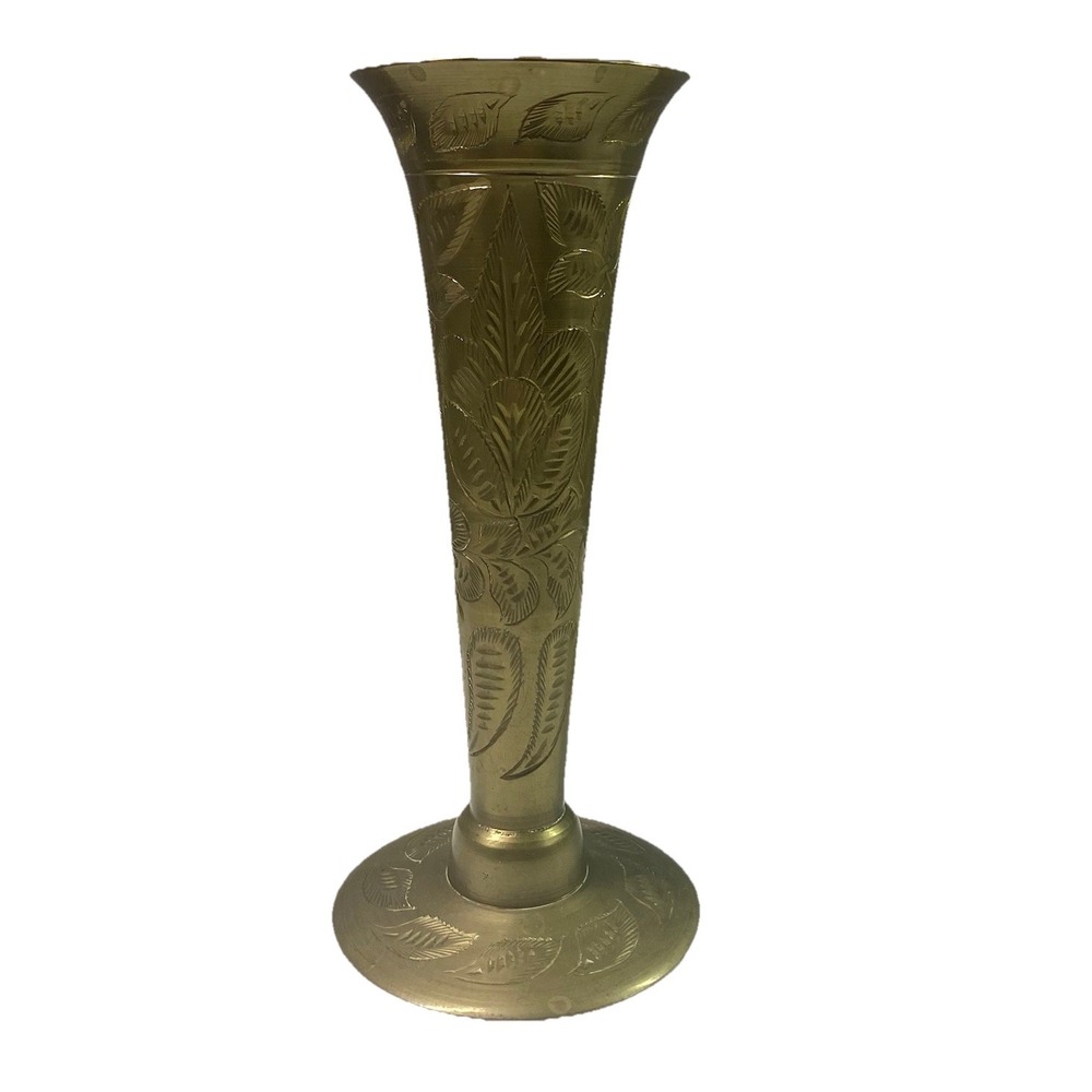 Vintage Saran Solid Brass Etched Floral Design Vase‎ 7" Tall-2.5"D-3.25" W-India